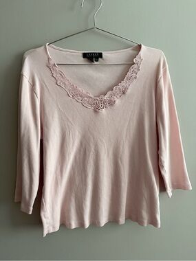 LAUREN Ralph Lauren Light Pink Lace Trim Top Size 1X Three Quarter Sleeve Preppy